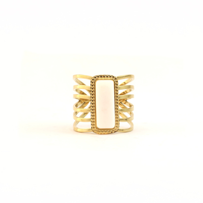 Bague large rectangle pierre blanche