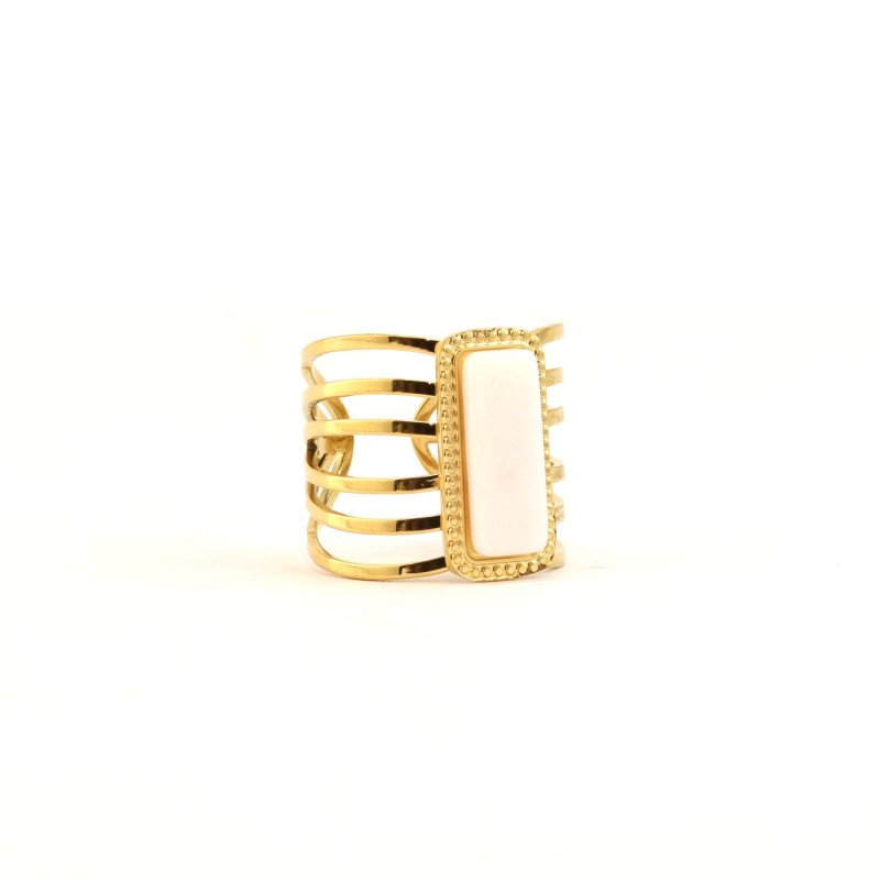 Bague large rectangle pierre blanche