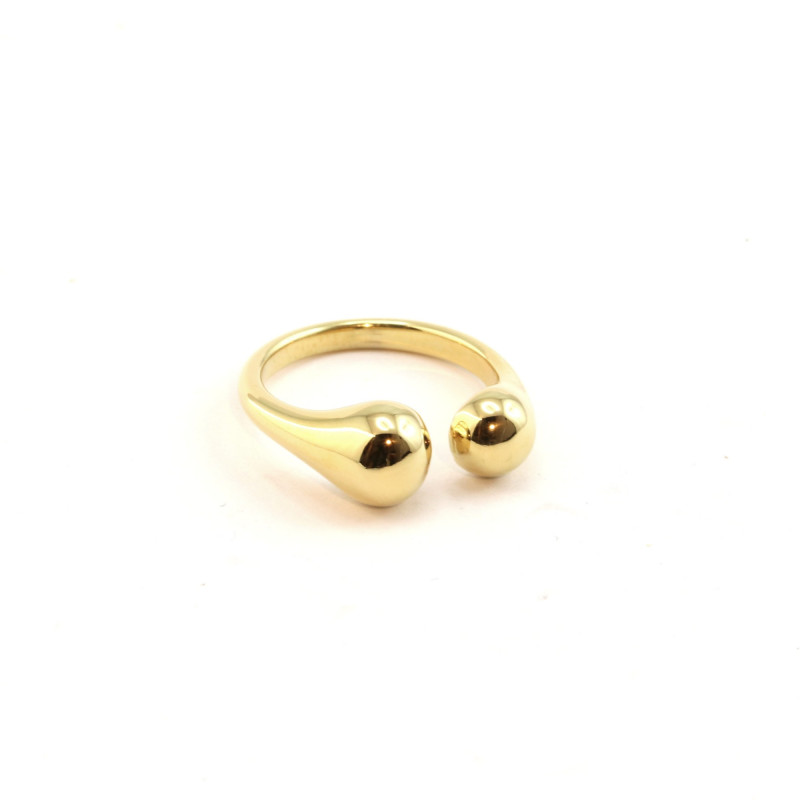 Bague double sphères ouverte acier doré