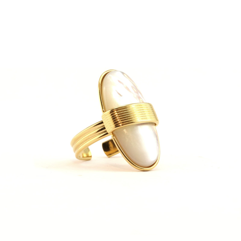 Bague ovale nacre vintage acier doré