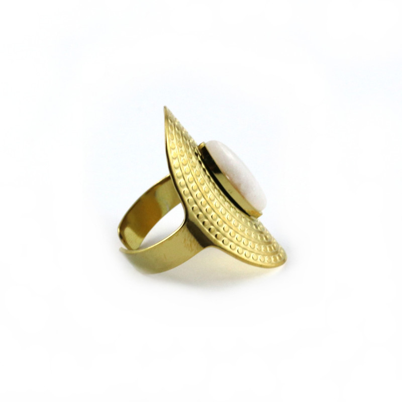 Bague longue quartz blanc acier doré