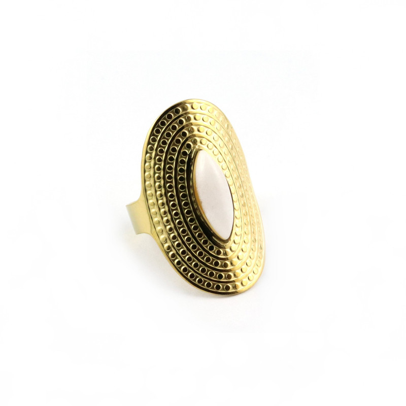 Bague longue quartz blanc acier doré