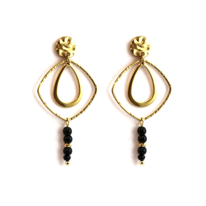 Boucles pendantes losange strié perles noires