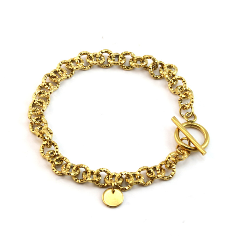 Bracelet maille ronde ciselée acier doré