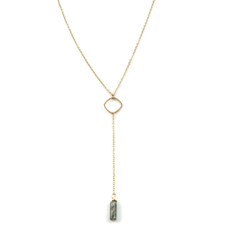Collier Y losange et tube agate verte