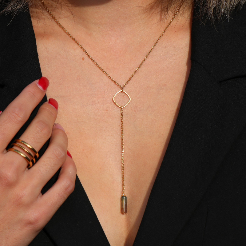 Collier Y losange et tube agate verte