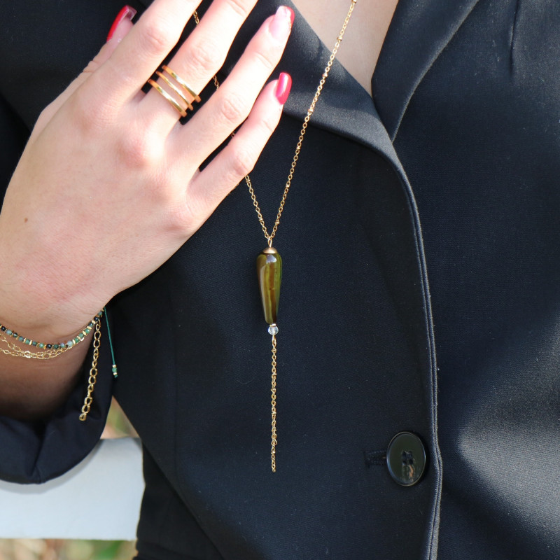 Pendentif long goutte agate verte