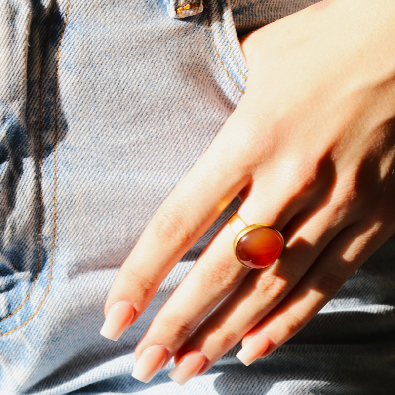 Bague acier doré cornaline