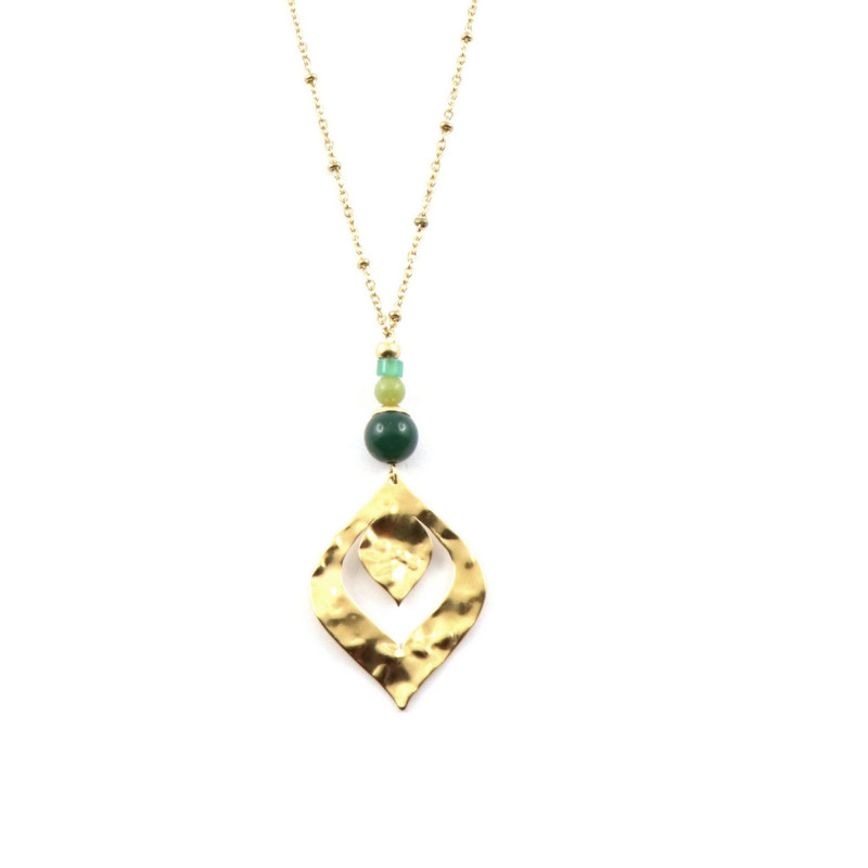 Collier pendentif long feuille agate verte