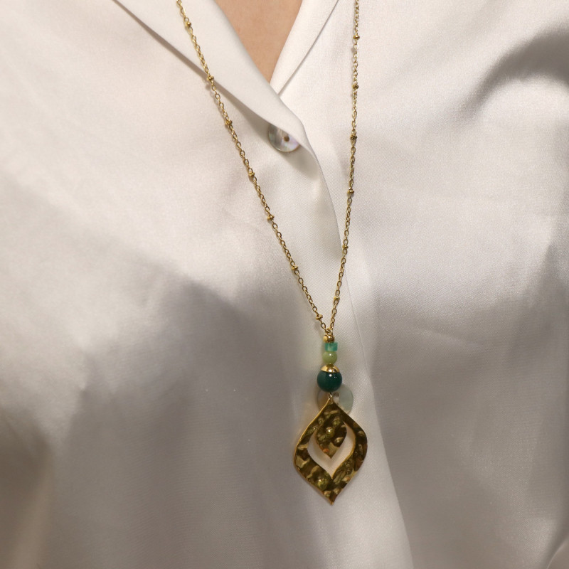 Collier pendentif long feuille agate verte