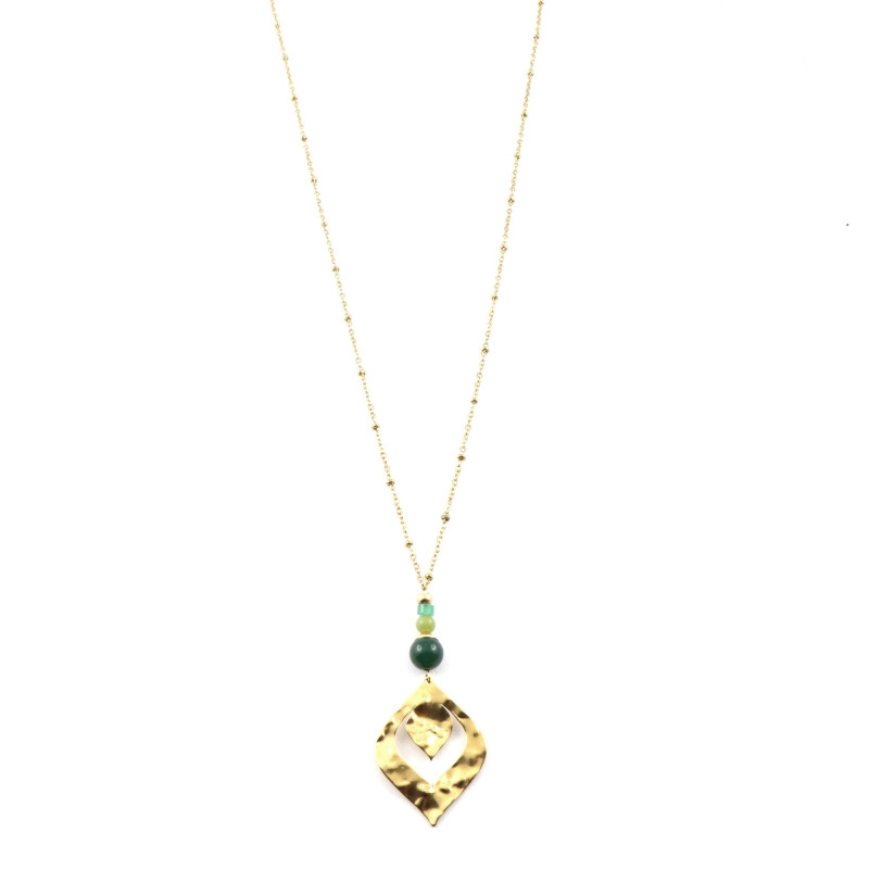 Collier pendentif long feuille agate verte