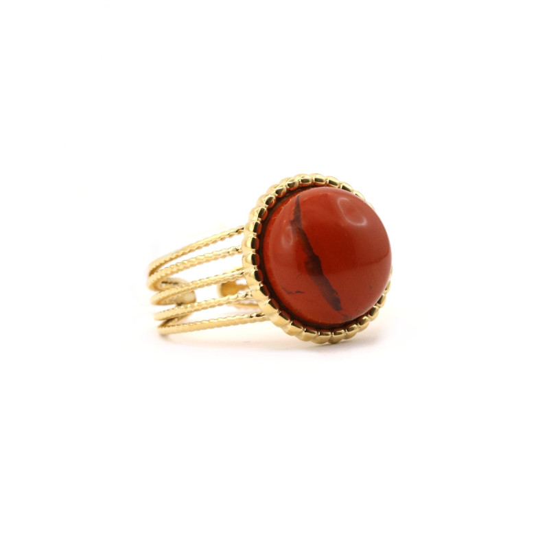 Bague ronde ethnique acier doré jaspe rouge