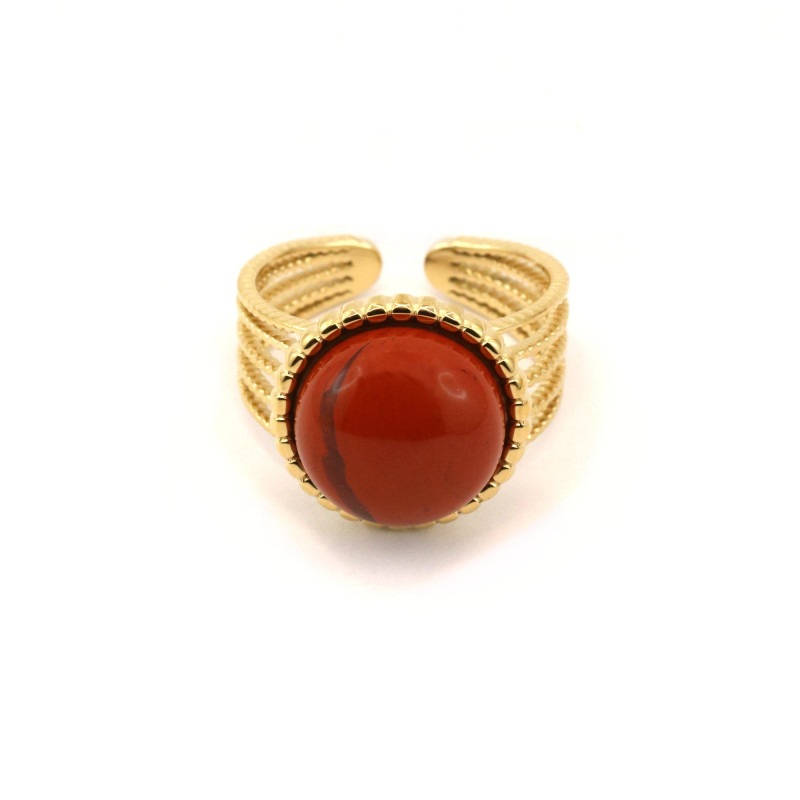 Bague ronde ethnique acier doré jaspe rouge