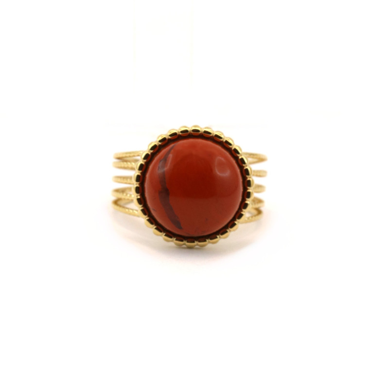 Bague ronde ethnique acier doré jaspe rouge