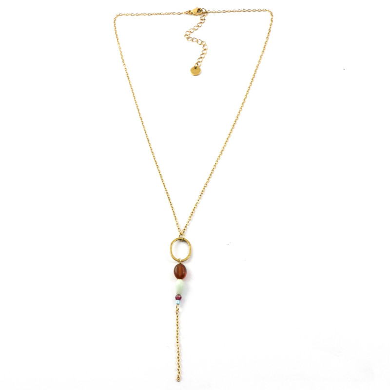 Collier ovale martelé cornaline - acier doré