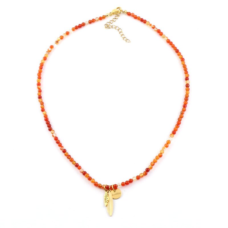 Collier court en cornaline et plumes acier