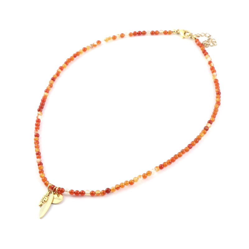 Collier court en cornaline et plumes acier