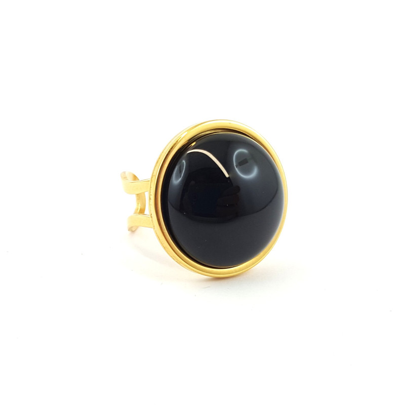 Bague agate noire acier doré
