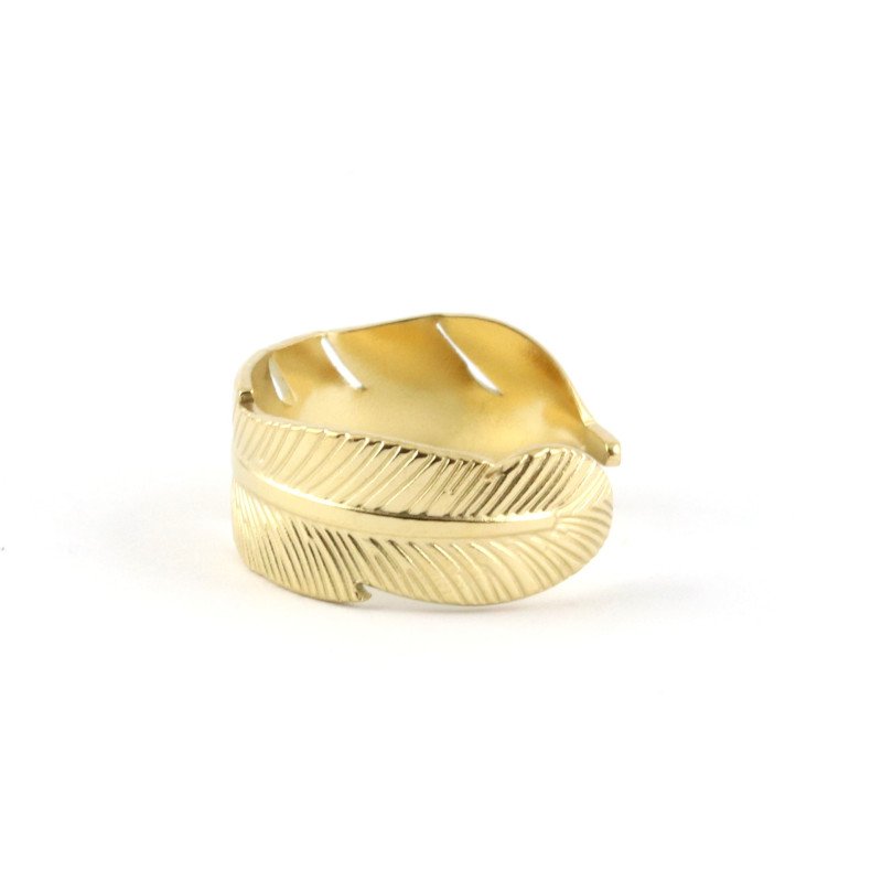 Bague plume ouverte acier doré