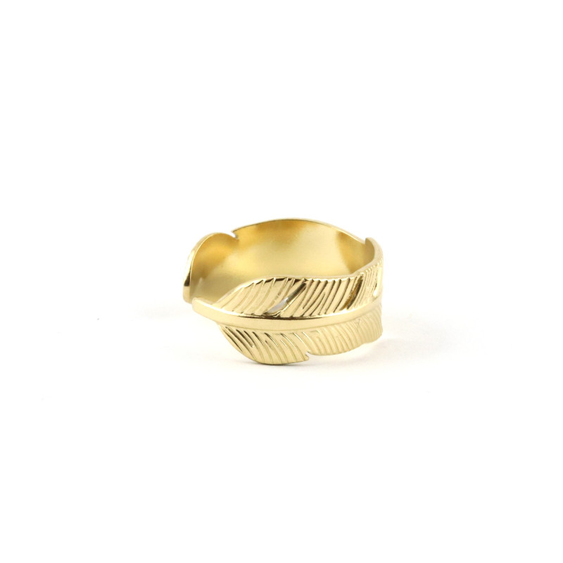 Bague plume ouverte acier doré