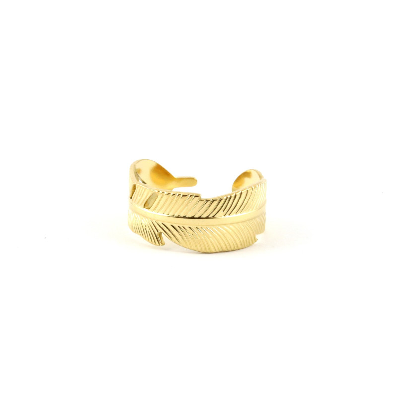 Bague plume ouverte acier doré