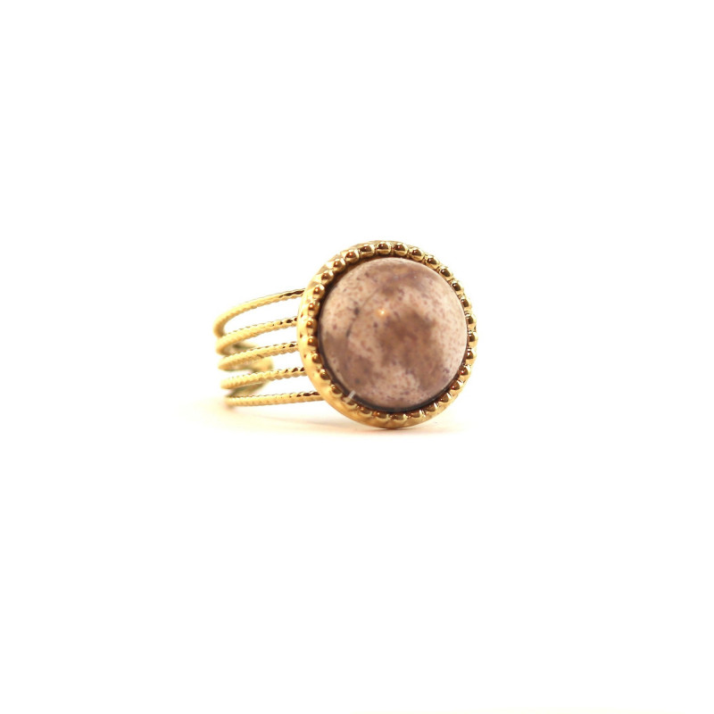 Bague ronde ethnique acier doré jaspe