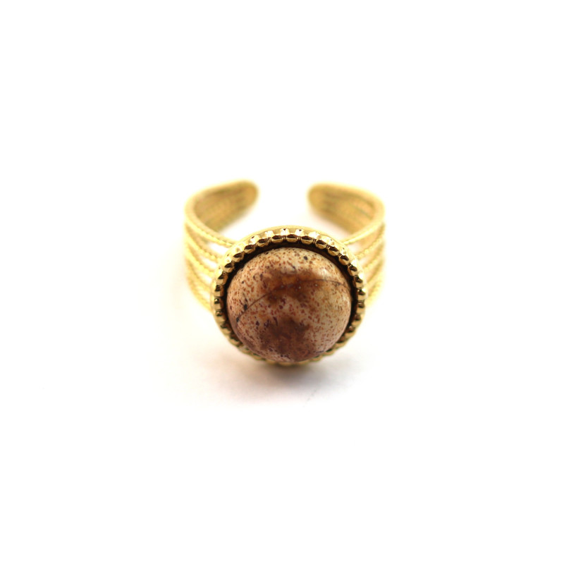 Bague ronde ethnique acier doré jaspe