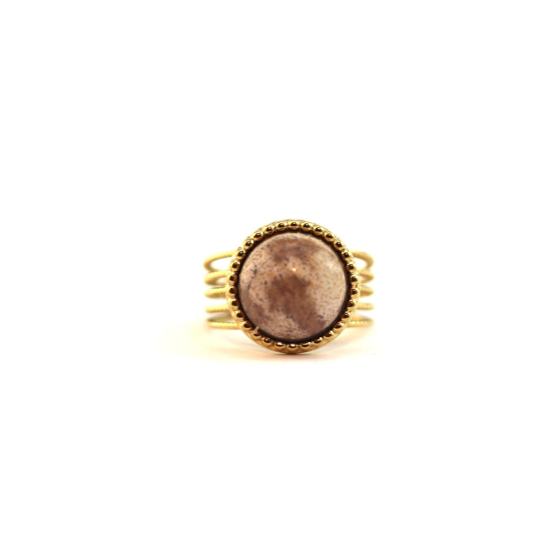 Bague ronde ethnique acier doré jaspe