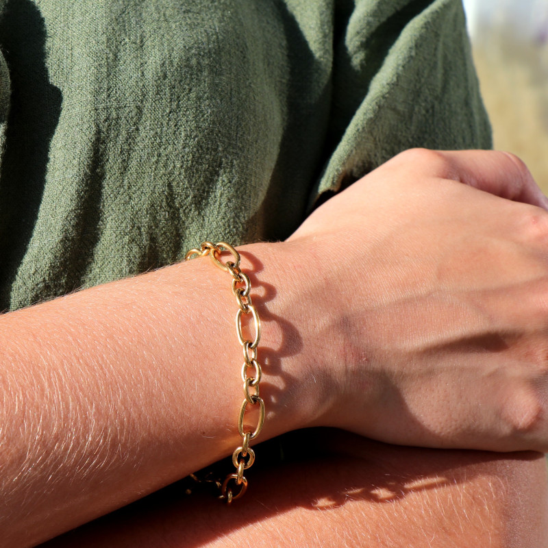 Bracelet maille forçat alternée acier doré
