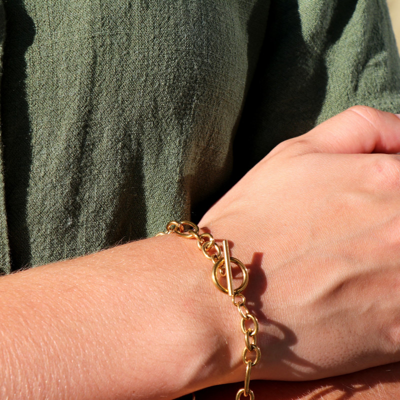 Bracelet maille forçat alternée acier doré