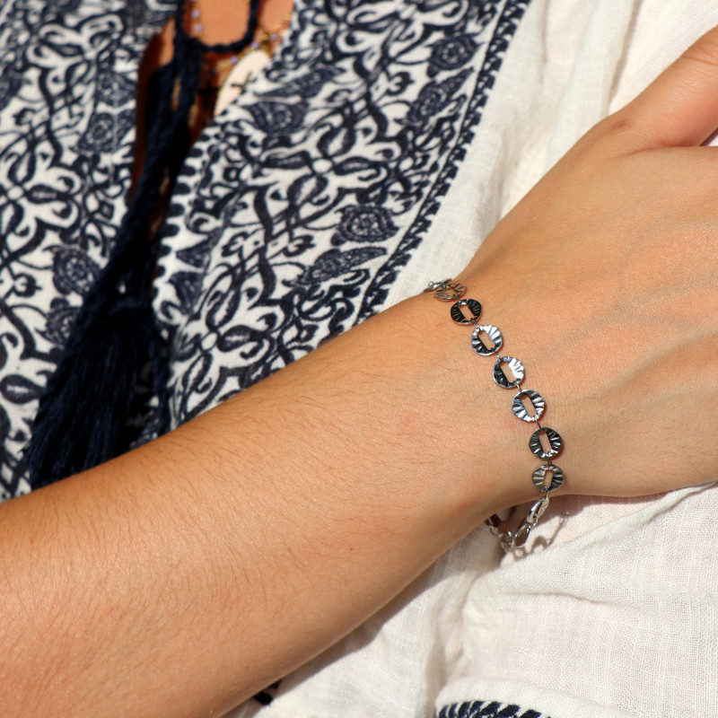 Bracelet maille plate ciselée acier