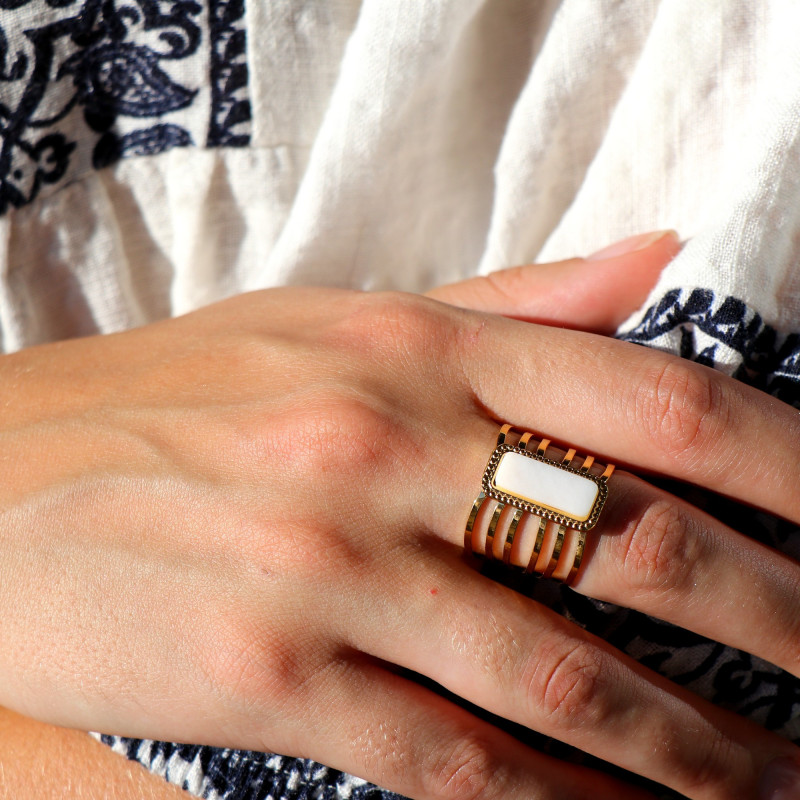 Bague large rectangle pierre blanche