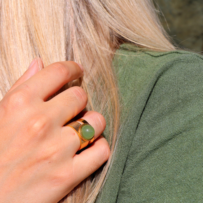 Bague large doré agate verte