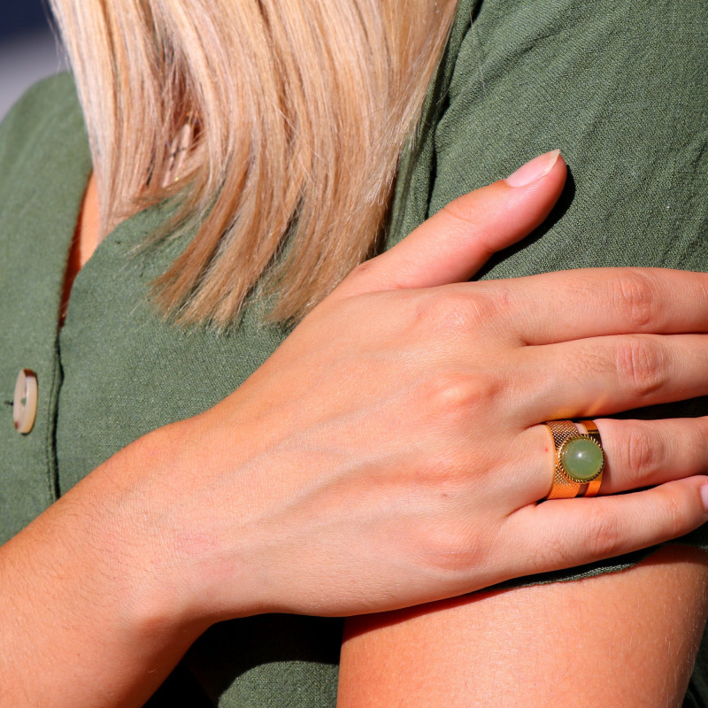 Bague large doré agate verte