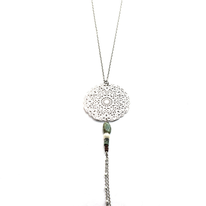 Pendentif long acier rosace turquoise africaine