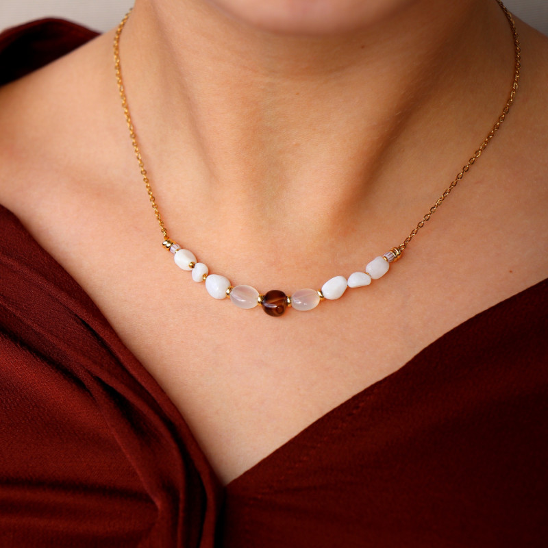 Collier chaîne nacre, agate et pierre de lune