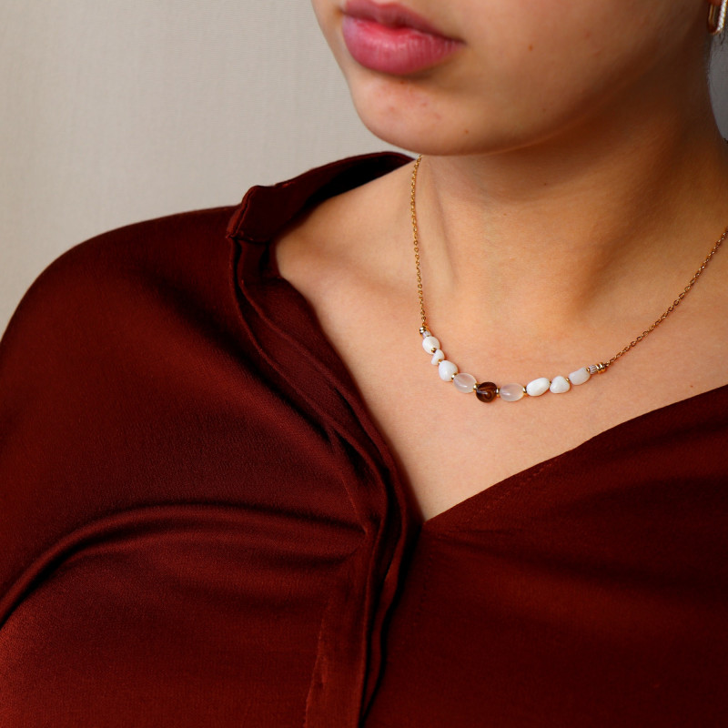 Collier chaîne nacre, agate et pierre de lune