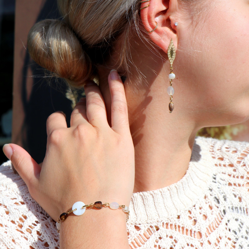 Boucles pendantes feuilles nacre, agate, graine
