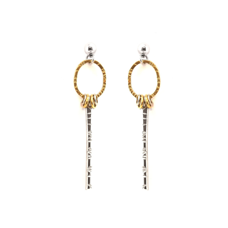 Boucles d'oreilles ovale et barre ciselée étain