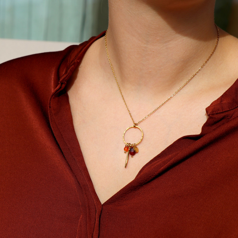 Collier attrape rêve cornaline - acier doré