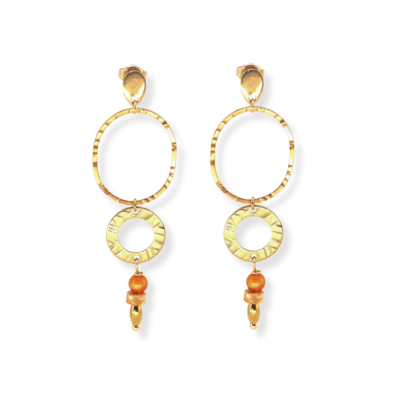 Boucles pendantes rond ciselé cornaline