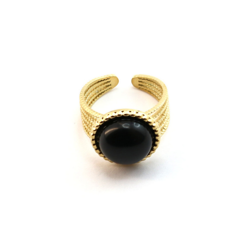 Bague ronde ethnique acier doré onyx