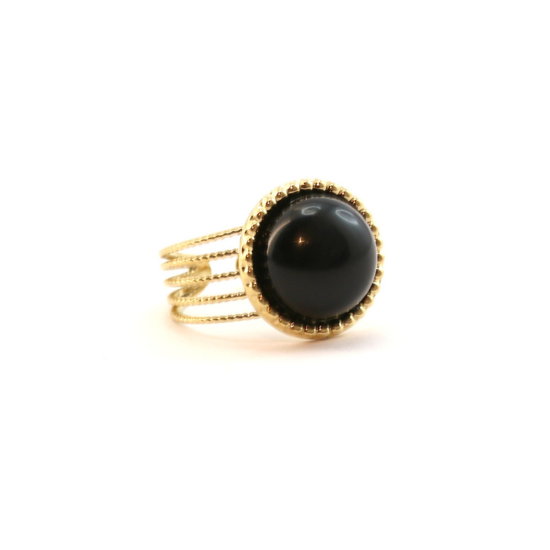 Bague ronde ethnique acier doré onyx