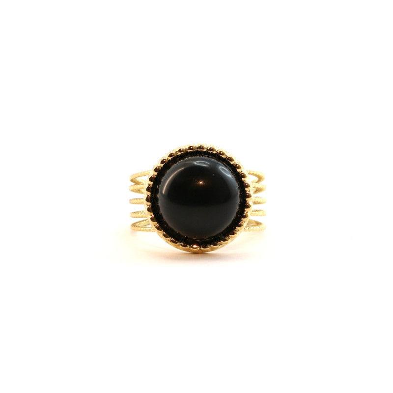 Bague ronde ethnique acier doré onyx