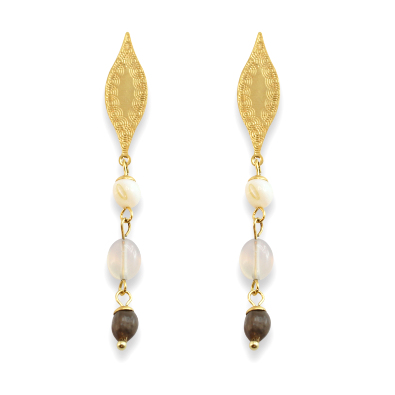 Boucles pendantes feuilles nacre, agate, graine