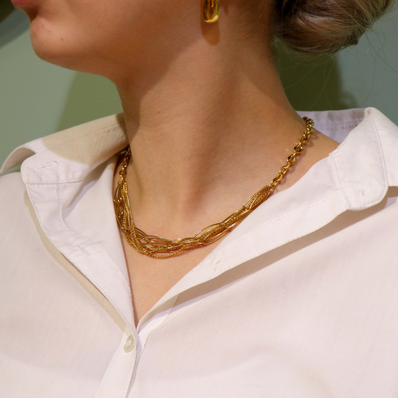 Collier multi maille acier doré