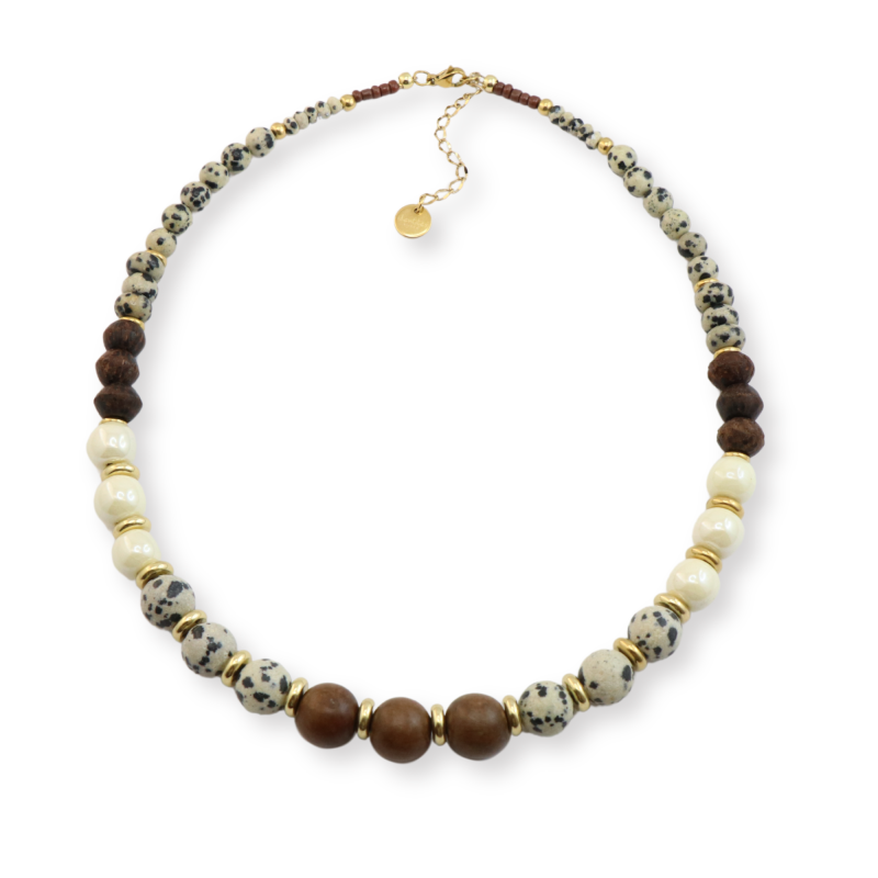 Collier jaspe, bois et céramique