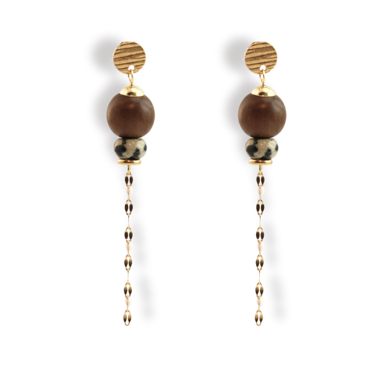 Boucles d'oreilles pendantes bois et jaspe