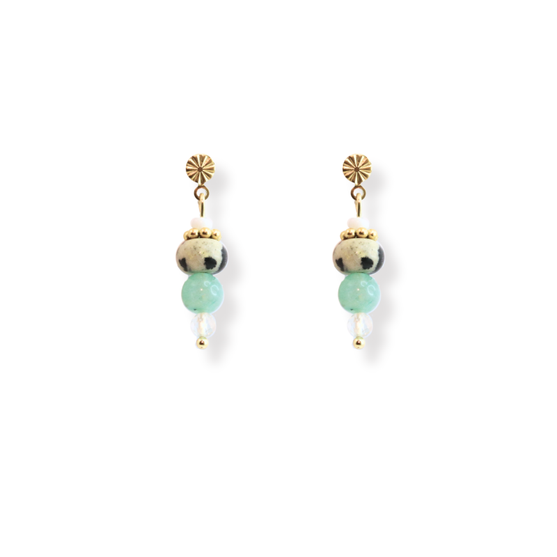 Boucles enfilade jaspe dalmatien et amazonite