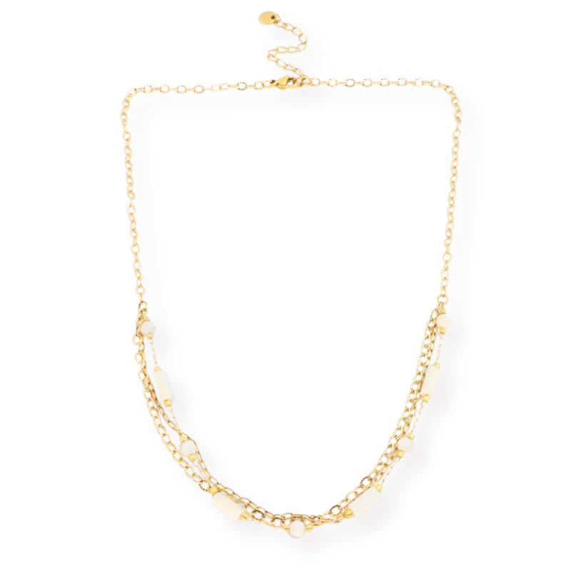 Collier multi-chaines nacre acier doré